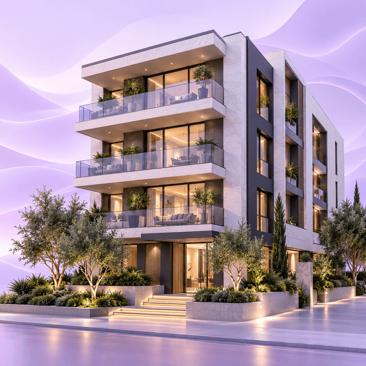 Edificio moderno con balcones y jardines